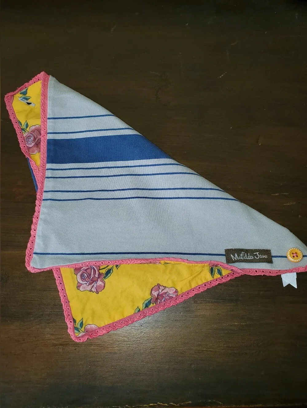 Matilda Jane Kids Reversible Pink-Trim Yellow Floral & Blue Stripe Bandana Bib